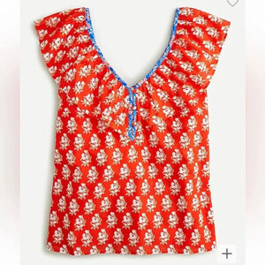 J. Crew red floral ruffle v neck top sz xs